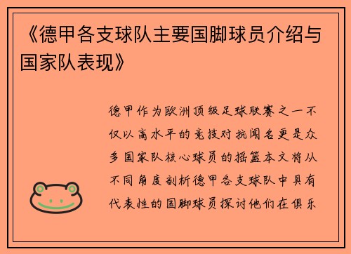 《德甲各支球队主要国脚球员介绍与国家队表现》